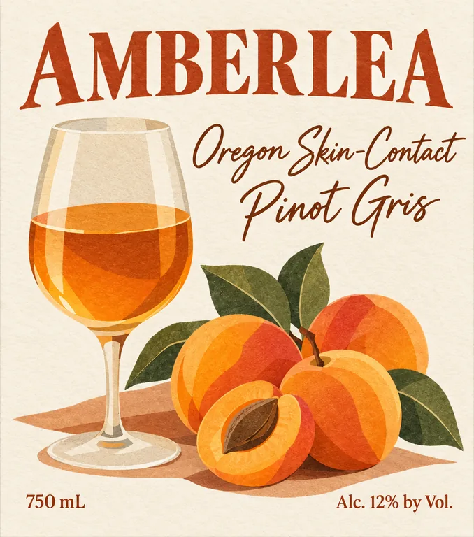Orange wine label for AMBERLEA Oregon Skin-Contact Pinot Gris, an AI-generated example made with GPT Image 2.5 Sunburst