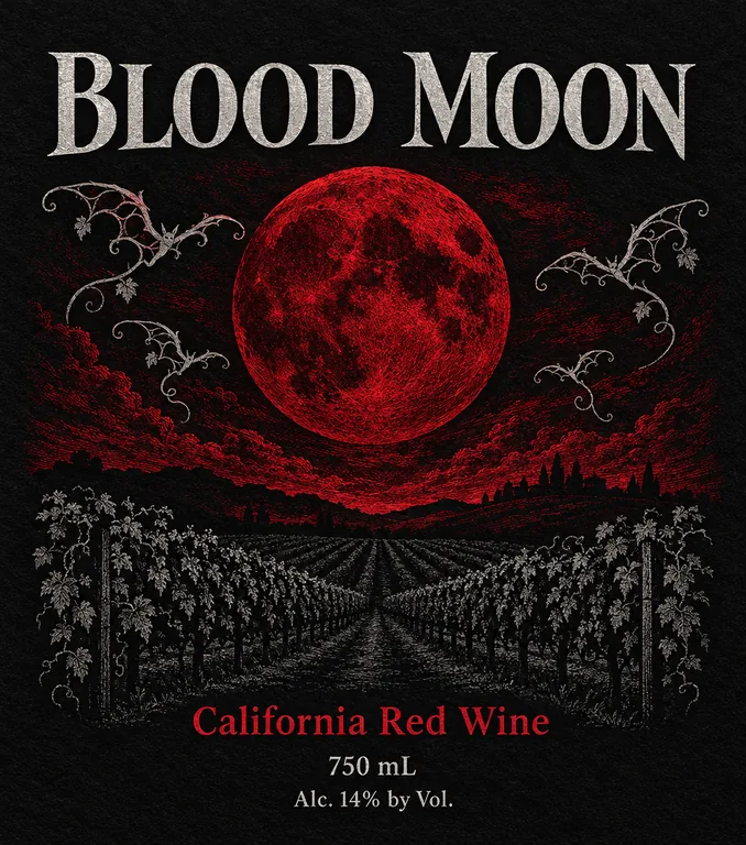 Halloween wine label for BLOOD MOON California Red Wine, an AI-generated example made with GPT Image 2.5 Flare