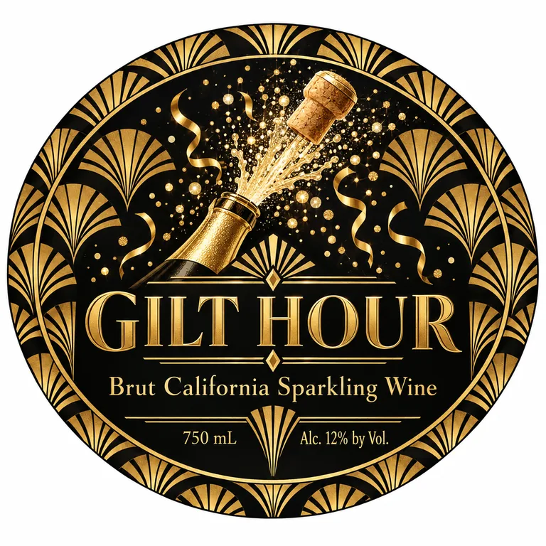 Sparkling label for GILT HOUR Brut California Sparkling Wine, an AI-generated example made with GPT Image 2.5 Sunburst