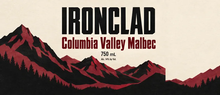 Malbec wrap-around for IRONCLAD Columbia Valley Malbec, an AI-generated example made with GPT Image 2.5 Sunburst