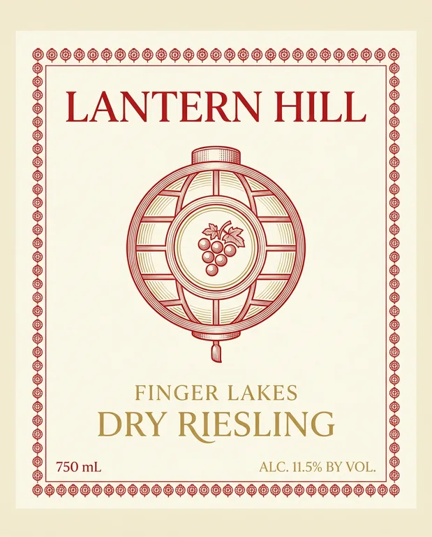 Riesling front label for LANTERN HILL Finger Lakes Dry Riesling, an AI-generated example made with Nano Banana 2.1