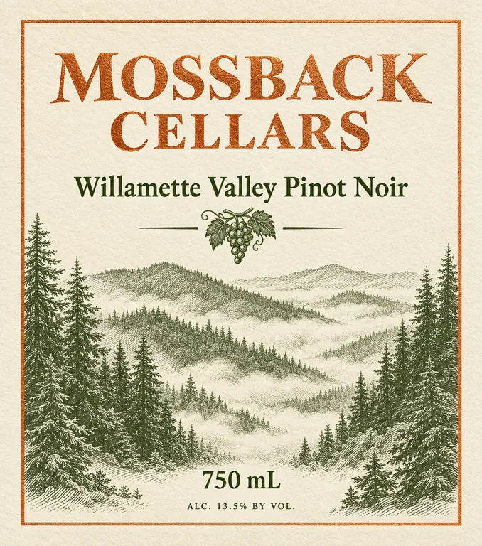 Pinot noir front label for MOSSBACK CELLARS Willamette Valley Pinot Noir, an AI-generated example made with GPT Image 2.5 Flare