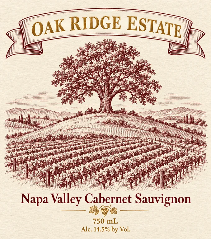 Cabernet front label for OAK RIDGE ESTATE Napa Valley Cabernet Sauvignon, an AI-generated example made with GPT Image 2.5 Sunburst