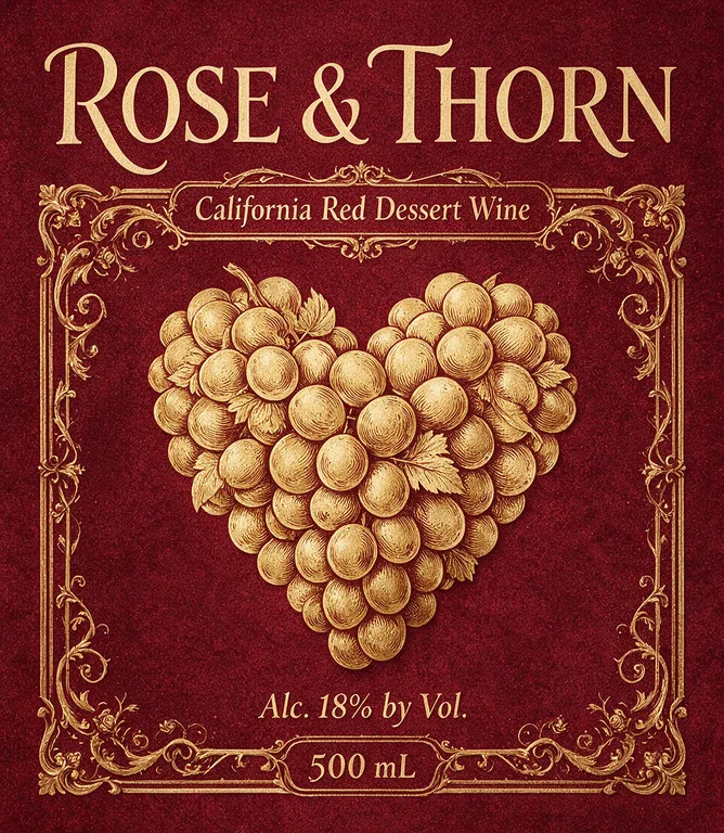 Dessert wine label for ROSE & THORN California Red Dessert Wine, an AI-generated example made with Seedream 5.0 Pro