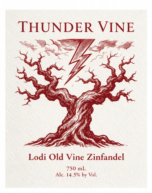 Zinfandel front label for THUNDER VINE Lodi Old Vine Zinfandel, an AI-generated example made with Seedream 5.0 Pro