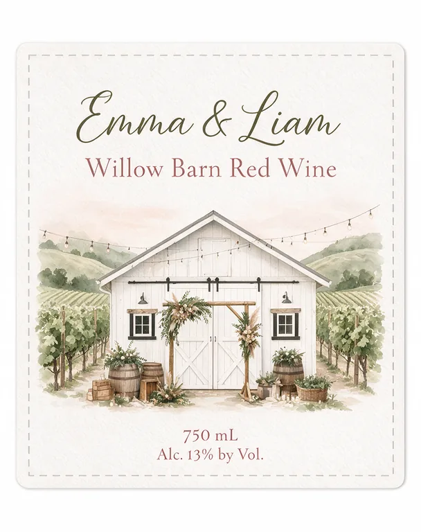 Wedding wine label for Emma & Liam Willow Barn Red Wine, an AI-generated example made with Seedream 5.0 Pro