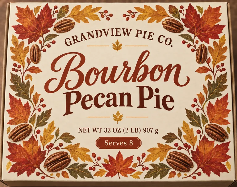 Pie box for GRANDVIEW PIE CO. Bourbon Pecan Pie, an AI-generated example made with GPT Image 2.5 Sunburst