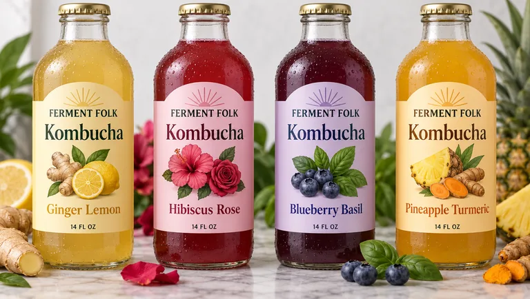 Kombucha lineup for FERMENT FOLK Kombucha, an AI-generated example made with GPT Image 2.5 Sunburst