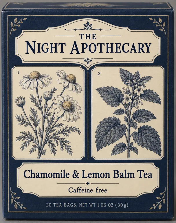 Apothecary tea box for THE NIGHT APOTHECARY Chamomile & Lemon Balm Tea, an AI-generated example made with GPT Image 2.5 Sunburst