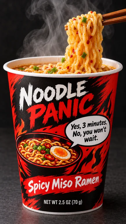 Ramen cup for NOODLE PANIC Spicy Miso Ramen, an AI-generated example made with GPT Image 2.5 Flare