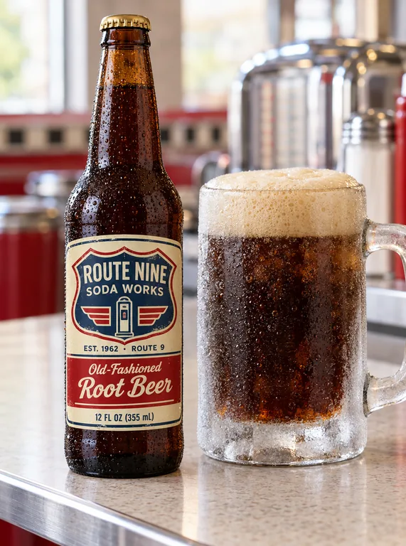 Root beer bottle for ROUTE NINE SODA WORKS Old-Fashioned Root Beer, an AI-generated example made with GPT Image 2.5 Flare