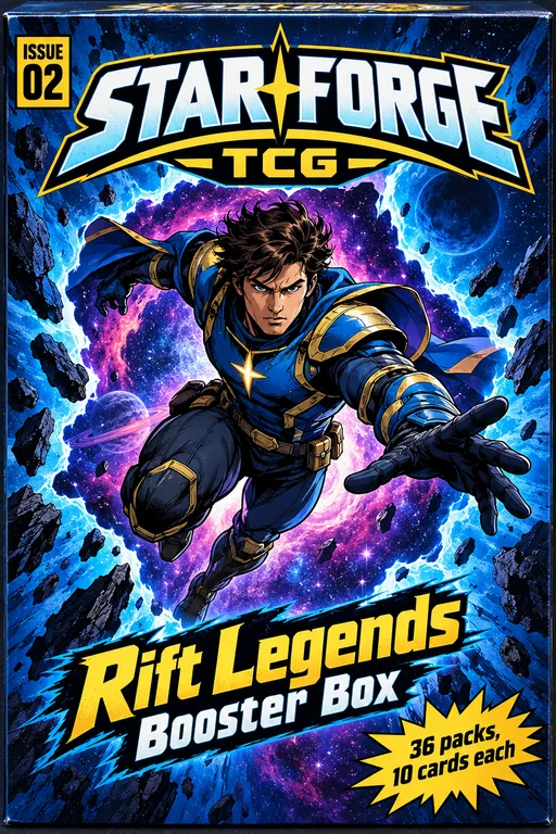 Card game booster box for STARFORGE TCG Rift Legends Booster Box, an AI-generated example made with GPT Image 2.5 Flare