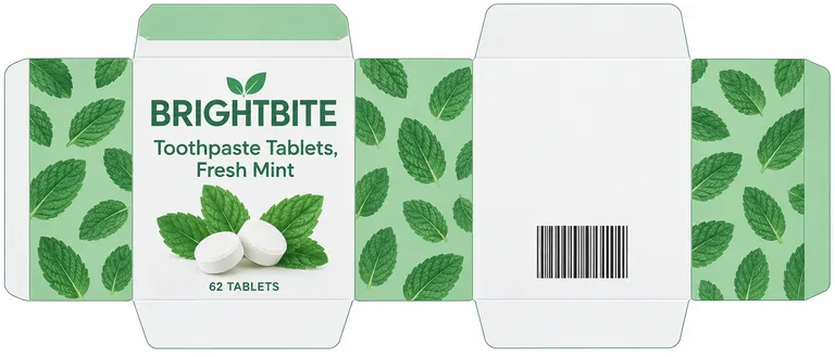 Carton flat layout for BRIGHTBITE Toothpaste Tablets, Fresh Mint, an AI-generated example made with GPT Image 2.5 Sunburst