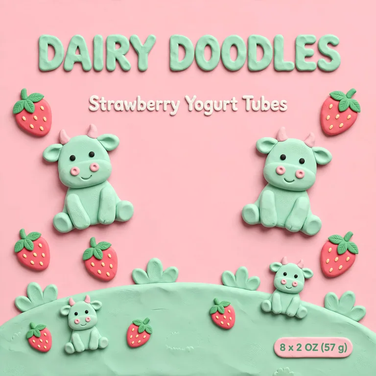 DAIRY DOODLES Strawberry Yogurt Tubes 酸奶管包装，AI 生成示例（Muse Image）