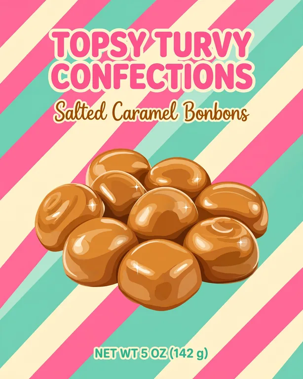TOPSY TURVY CONFECTIONS Salted Caramel Bonbons 夹心糖盒，AI 生成示例（Muse Image）