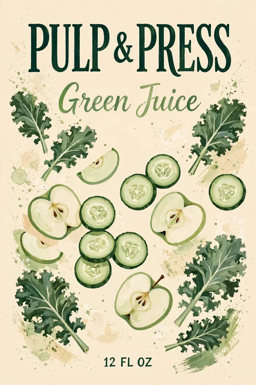 PULP & PRESS Green Juice 果汁瓶标签，AI 生成示例（Muse Image）