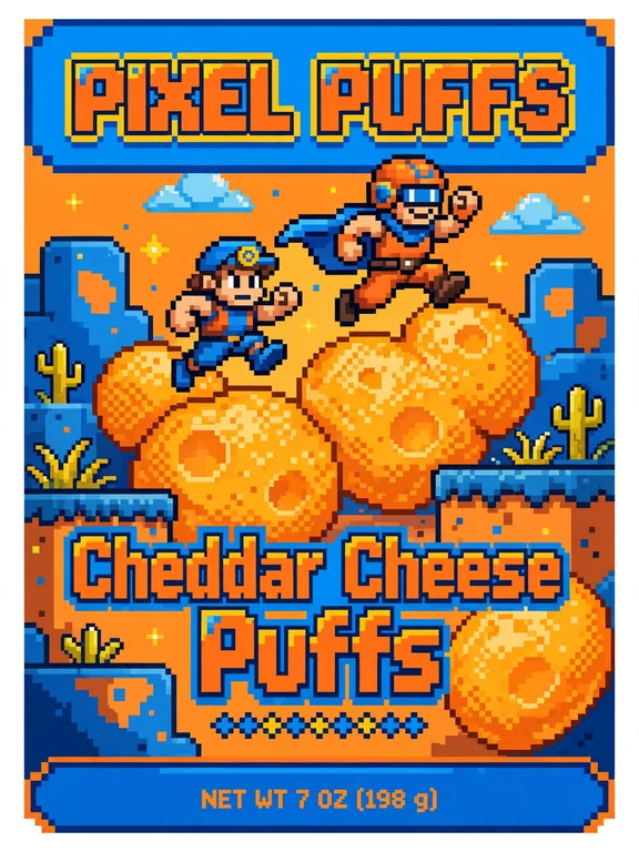 PIXEL PUFFS Cheddar Cheese Puffs 膨化零食袋，AI 生成示例（Muse Image）