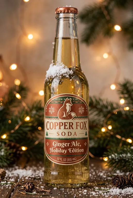 Holiday edition edit for COPPER FOX SODA Ginger Ale, Holiday Edition, an AI-generated example made with Nano Banana 2.1