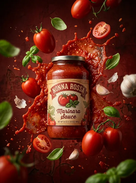 Pasta sauce jar for NONNA ROSSA Marinara Sauce, an AI-generated example made with Nano Banana 2.1