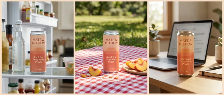 Same can, three scenes for MATE & MOTION Sparkling Yerba Mate, Peach, an AI-generated example made with Nano Banana 2.1