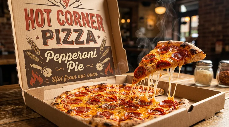 Pizza box for HOT CORNER PIZZA Pepperoni Pie, an AI-generated example made with Nano Banana 2.1