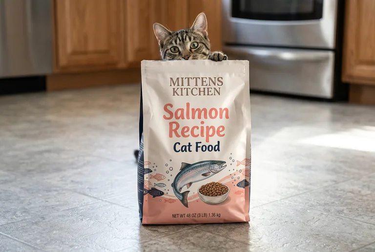 Cat food bag for MITTENS KITCHEN Salmon Recipe Cat Food, an AI-generated example made with Nano Banana 2.1