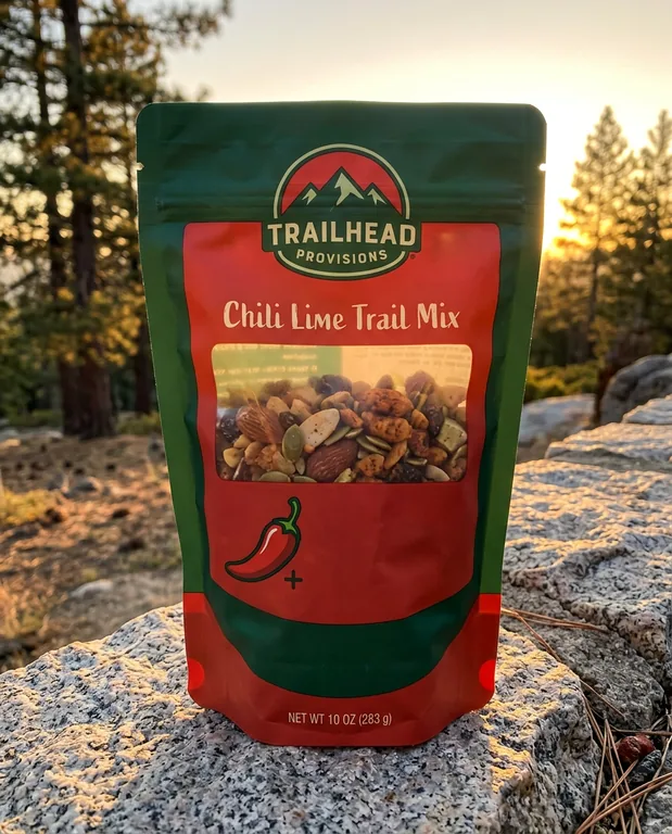 Sketch to pouch for TRAILHEAD PROVISIONS Chili Lime Trail Mix, an AI-generated example made with Nano Banana 2.1