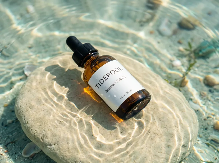 Hair oil bottle for TIDEPOOL Rosemary Hair Oil, an AI-generated example made with Nano Banana 2.1