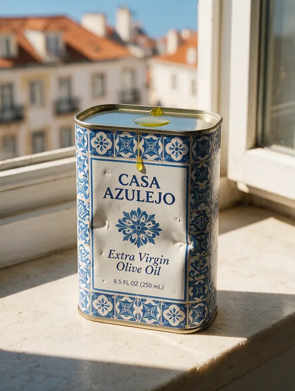 Olive oil tin for CASA AZULEJO Extra Virgin Olive Oil, an AI-generated example made with Seedream 5.0 Pro