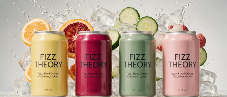 Sparkling water cans for FIZZ THEORY Yuzu, Blood Orange, Cucumber, Lychee, an AI-generated example made with Seedream 5.0 Pro