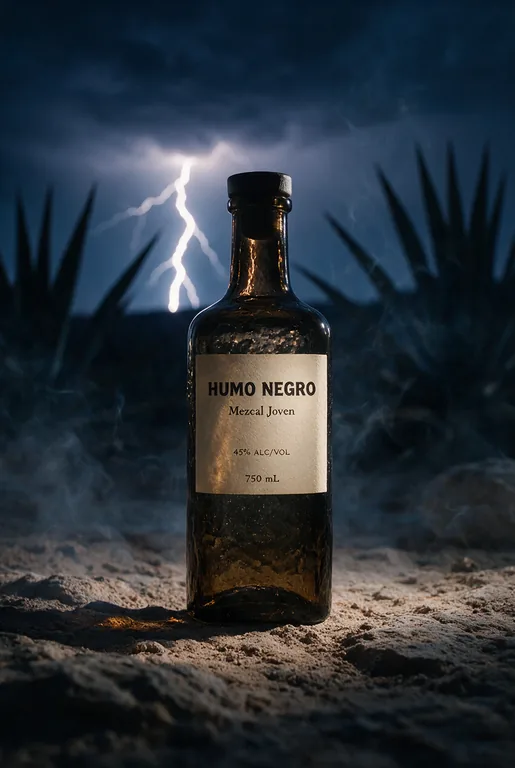 Mezcal bottle for HUMO NEGRO Mezcal Joven, an AI-generated example made with Seedream 5.0 Pro