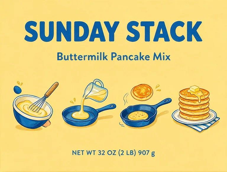 Recipe back panel for SUNDAY STACK Buttermilk Pancake Mix, an AI-generated example made with Seedream 5.0 Pro