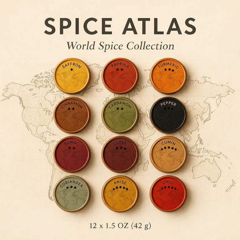 Spice tin set for SPICE ATLAS World Spice Collection, an AI-generated example made with Seedream 5.0 Pro