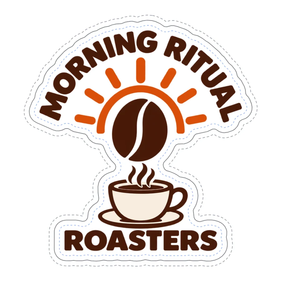 A coffee logo sticker with a white border and its cut line following the art