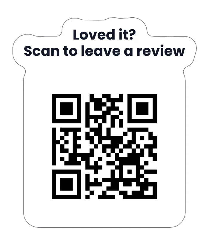 A scan to leave a review sticker with a QR code and a cut line around it