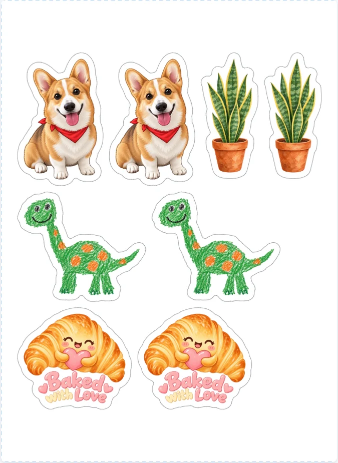 A sticker pack laid out for Cricut Print Then Cut, within 6.75 by 9.25 inches