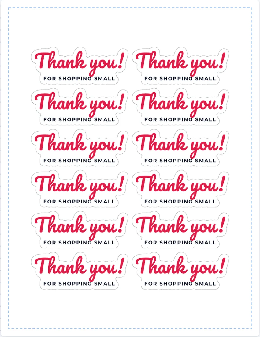 A Letter sticker sheet made with the sticker sheet maker: thank you stickers with cut lines around the words